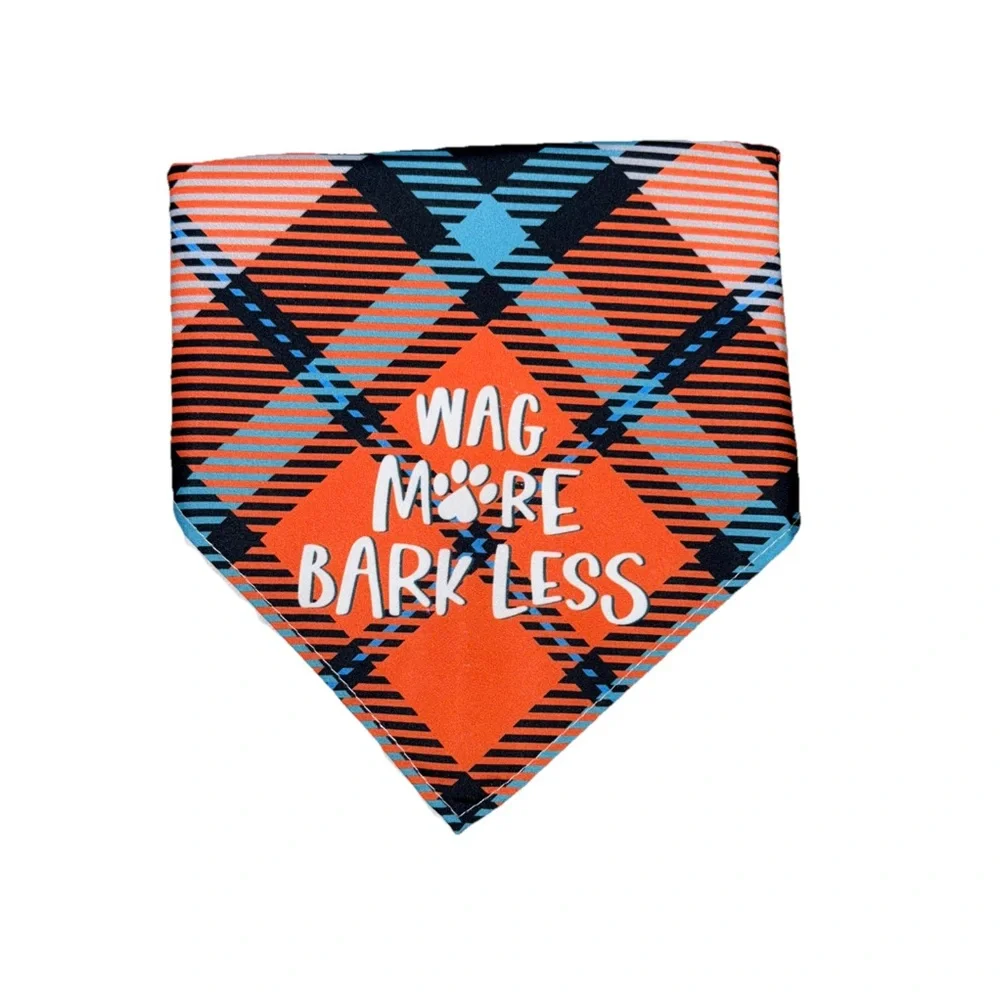 Dog Bandana Orange & Blue Plaid with Caption “Wag More Bark Less